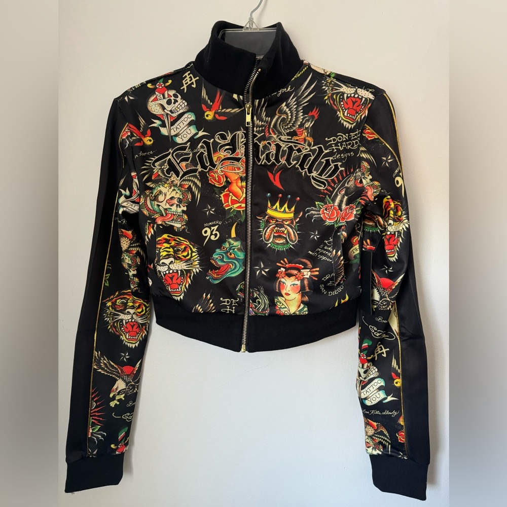 Ed Hardy Women’s Y2K Crop Zip-Up Track Jacket All-Over Tattoo Print NWT